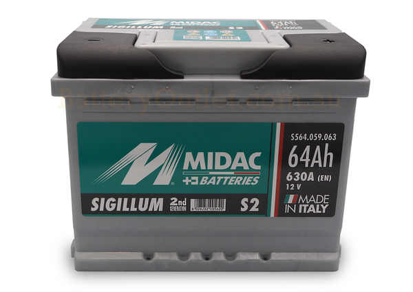 Midac S2 - DIN - 692 CCA / 630 CCA (EN) - 64Ah -12 Volt Car Battery - High Cranking - 242L × 175W × 190H mm